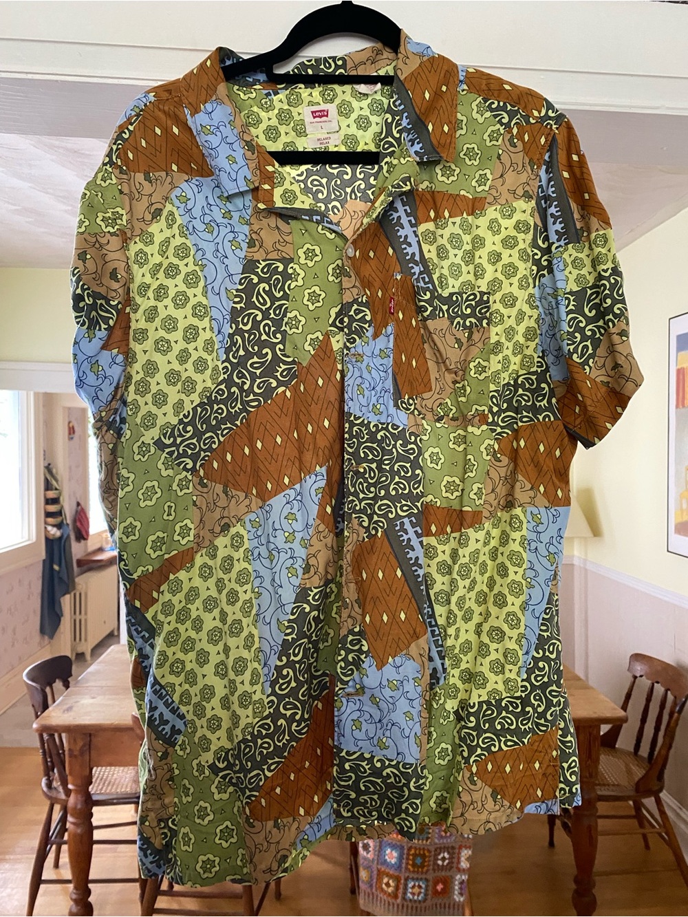 Patchwork Patterned Short-Sleeve Shirt - Greens and Browns